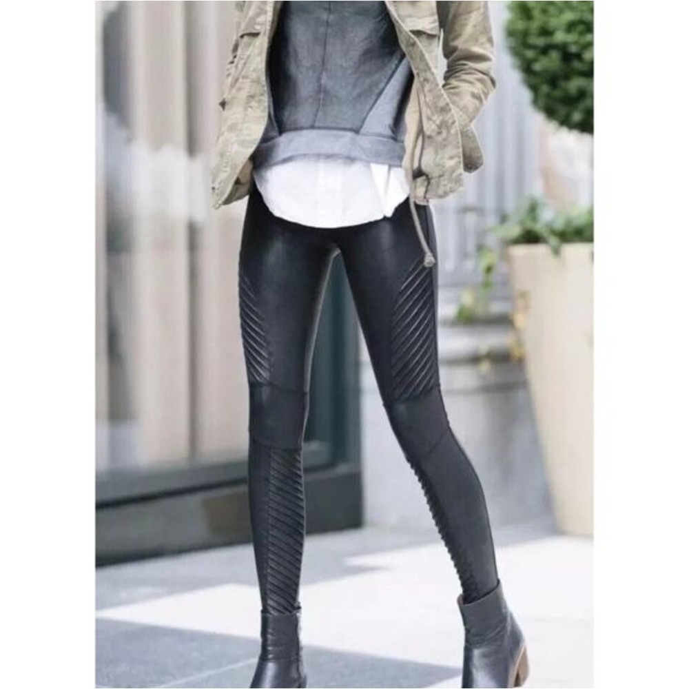 Spanx Faux Leather Moto Leggings Very Black High Waist 20136R Womens Size Medium